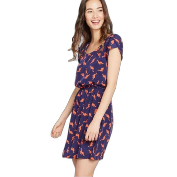 Peach Love x ModCloth Navy Orange Dinosaur Print Tulip Sleeve Dress, Sz M - Picture 2 of 9